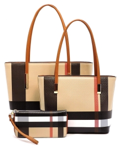 Smooth Textured Modern Check 3 in 1 Fashion Tote Set BT2669 TAN